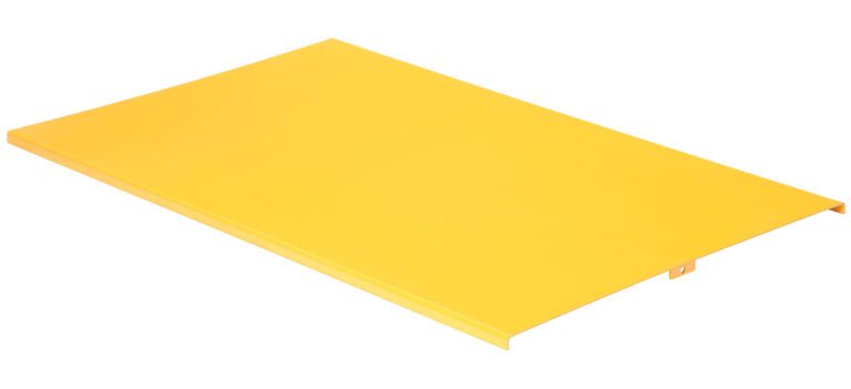 A flat, rectangular yellow metal ramp with slightly raised edges rests on a white background. The Vestil Tote-A-Load Option Platform 44 X 27.75 inch offers reliability and ease for loading tasks.