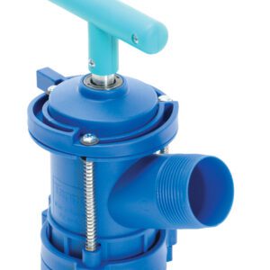 The blue manual rotary drum pump has a turquoise handle, cylindrical body, spout, and metallic fittings for liquid transfer. It works seamlessly with the Vestil Horizontal Drum Tap W/ 2 In Bung Size.