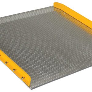 The Vestil Aluminum Dock Board Steel Curb 10K 60X60 offers a durable diamond plate surface with steel curbs, yellow safety edges, and convenient handles for easy transport.