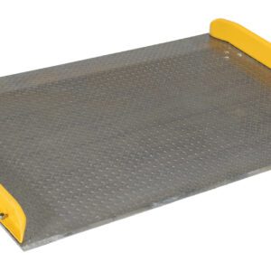 The Vestil Aluminum Dock Board Steel Curb 15K 72X48 is durable with a textured surface and yellow-painted steel curbs, supporting a 15K load capacity for efficient loading and unloading.
