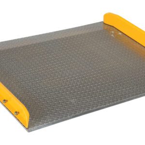 The Vestil Aluminum Dock Board Steel Curb 20K 60X48 boasts a textured surface, steel curbs, and raised yellow edges. It handles up to 20K loads, bridging the gap between a truck and loading dock to enhance safety and efficiency.