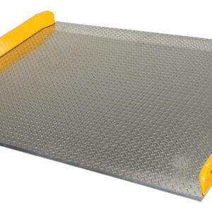 The Vestil Aluminum Dock Board Steel Curb 20K 60X60 is a durable metallic loading dock ramp with a diamond plate surface, yellow safety edges, and reinforced steel curb support. It measures 60x60 inches and offers safety and stability with a capacity of up to 20,000 pounds.