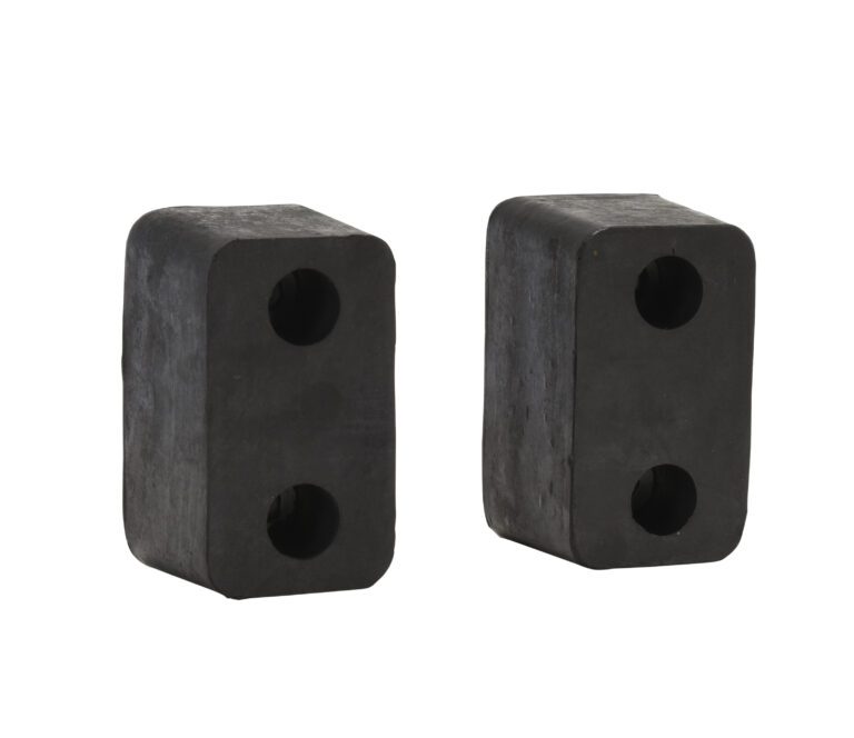 Two black Vestil Trailer/Crane Bumpers with rounded edges and two circular holes each, stand upright against a plain white background, highlighting their sturdy design.