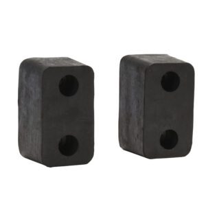 Two black Vestil Trailer/Crane Bumpers with rounded edges and two circular holes each, stand upright against a plain white background, highlighting their sturdy design.