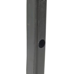 A black rectangular rubber piece with three circular holes, reminiscent of a Vestil Trailer Crane Bumper 2L X 2W X 16H, appears solid and slightly glossy, showcasing its impressive thickness and depth.