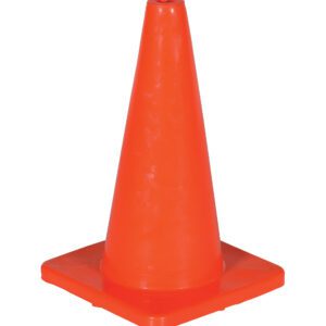The orange Vestil Standard Duty Traffic Cone, 17-3/4 inches tall, features a square base and stands upright against a white background.