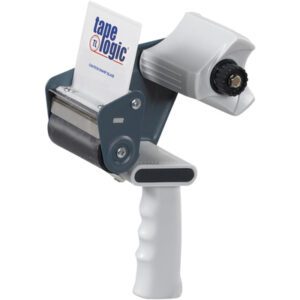 The Tape Logic® 3 Deluxe Carton Sealing Tape Dispenser features a stylish gray and white design with a handle, central roller, and adjustable tension knob, ideal for packaging tape tasks.