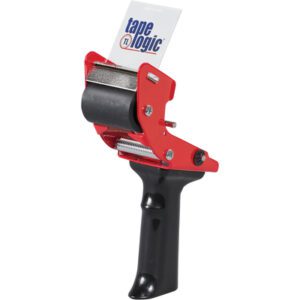 The Tape Logic® 2 Mouse Trap carton sealing tape dispenser in black and red features a sleek grip handle. It holds adhesive tape, showcasing the Tape Logic brand label, with the cutting blade visible at the top.