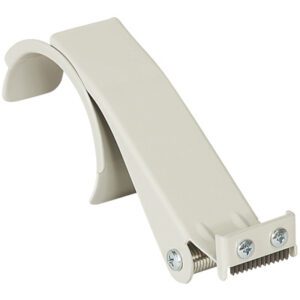 The beige plastic can crusher, with a curved handle and metal crushing mechanism, resembles the durability of the Tape Logic® 1 Heavy-Duty Strapping Tape Dispenser. It has two visible pivot screws and is designed for flat surface mounting.