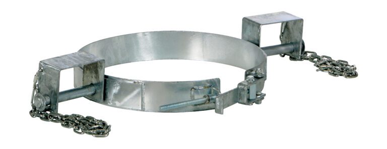 The Vestil Galvanized Tilting Drum Ring 30 Gallon features a metal industrial clamp, circular design, two rectangular brackets linked by chains, and adjustable bolts for efficient securing of pipes or similar objects.