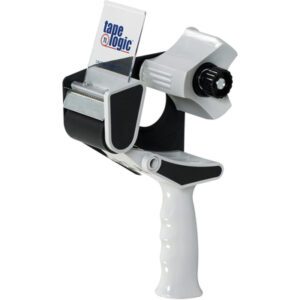 The Tape Logic® 2 Top Gun Carton Sealing Tape Dispenser boasts a white handle with black and silver accents, a tape logic plastic shield, and a gear-like wheel for efficient tape application. Its tilted to the right, primed for use.