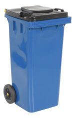 The Vestil Blue Poly Trash Can 32 Gal Capacity offers efficient waste collection with a black lid, handle, and two wheels for easy mobility.