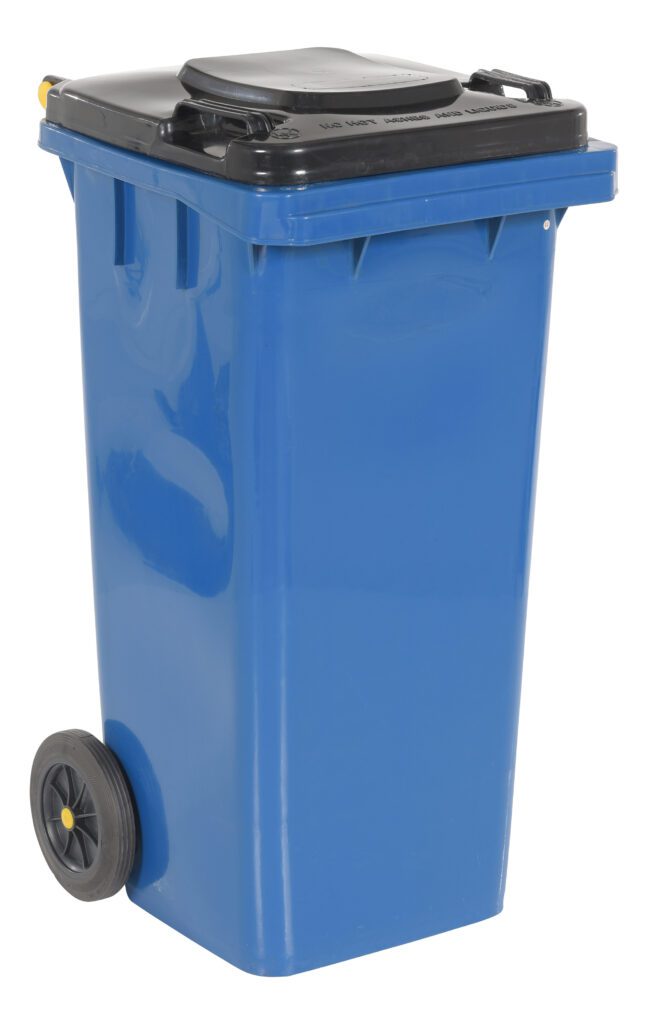 TH-32-BLU_A.jpg The Vestil Blue Poly Trash Can 32 Gal Capacity offers efficient waste collection with a black lid, handle, and two wheels for easy mobility.