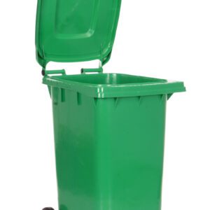 The Vestil Green Poly Trash Can, with a 64-gallon capacity and two black wheels, offers easy mobility and functionality with its open lid showcasing a spacious compartment.