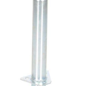 The Vestil A-Frame Trailer Jack 2000 Lb Cap features a durable metal hand crank, long cylindrical body, and sturdy rectangular base. Its black top handle allows smooth manual operation, making it crucial for heavy-duty tasks.