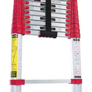 The Vestil Telescopic Ladder 6 In 10 Ft features a sturdy design and red accents, supports up to 225 lbs, and has visible safety instructions on the side. It compacts neatly with a black strap in the middle when collapsed.