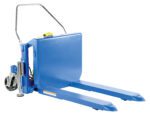 The Vestil Tilt Master DC Power 2000 lb Cap is a blue pallet jack with a metal handle, dual forks, rear wheels, and a hydraulic lifter. It features a yellow control button on top and offers robust industrial performance.