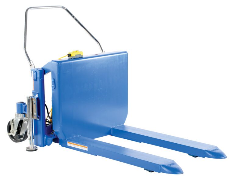 The Vestil Tilt Master DC Power 2000 lb Cap is a blue pallet jack with a metal handle, dual forks, rear wheels, and a hydraulic lifter. It features a yellow control button on top and offers robust industrial performance.