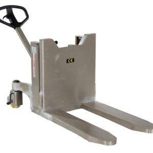 The Vestil Tilt Master 22 In Manual Stainless Steel features a sleek design with a black handle and yellow wheels, ideal for efficiently lifting and moving pallets. Its narrow fork design and CE marking ensure compliance with European safety standards.