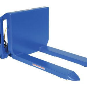The Vestil Tilt Master DC Power 4000 lb capacity pallet truck, in blue, features elongated forks, a vertical backrest, wheels for mobility, hydraulic components, and a control handle to efficiently move heavy loads.