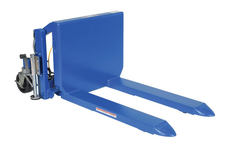 The Vestil Tilt Master Dc Power 6000 Lb Cap is an industrial marvel, featuring a blue hand truck design with fork-like prongs and a motorized system on rear wheels for effortless lifting and transport of heavy loads.