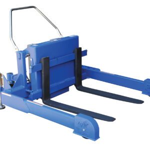 The blue manual pallet jack, with a metal handle and side support wheel, is designed for efficient pallet lifting and transport in warehouses or retail spaces, offering a sturdy 2,000 lb capacity that rivals the Vestil Tilt Master Strad DC Power 2000 lb Cap.