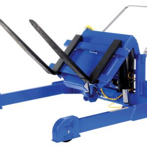 The Vestil Tilt Master Strad with AC power has a 4000 lb capacity, two metal forks, a tilt mechanism, handlebar for manual use, and wheels for easy mobility—ideal for lifting drums or barrels.