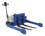 The Vestil Tilt Master Strad DC Power Traction 4000 features a sturdy DC power system with two prongs, a black handle, and a white control panel. Its compact blue rectangular casing includes a yellow button on top, combining industrial design with dependable 4000-pound traction.