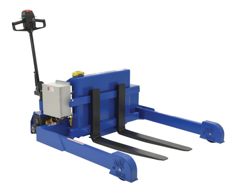 TMS-40-DC-PTDS_A.jpg The Vestil Tilt Master Strad DC Power Traction 4000 features a sturdy DC power system with two prongs, a black handle, and a white control panel. Its compact blue rectangular casing includes a yellow button on top, combining industrial design with dependable 4000-pound traction.