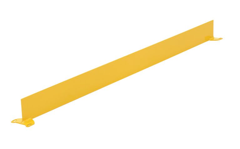 The Vestil Square Safety Handrail-Toeboard Only 55 X 4 is a long, flat yellow metal divider with small brackets on each end.
