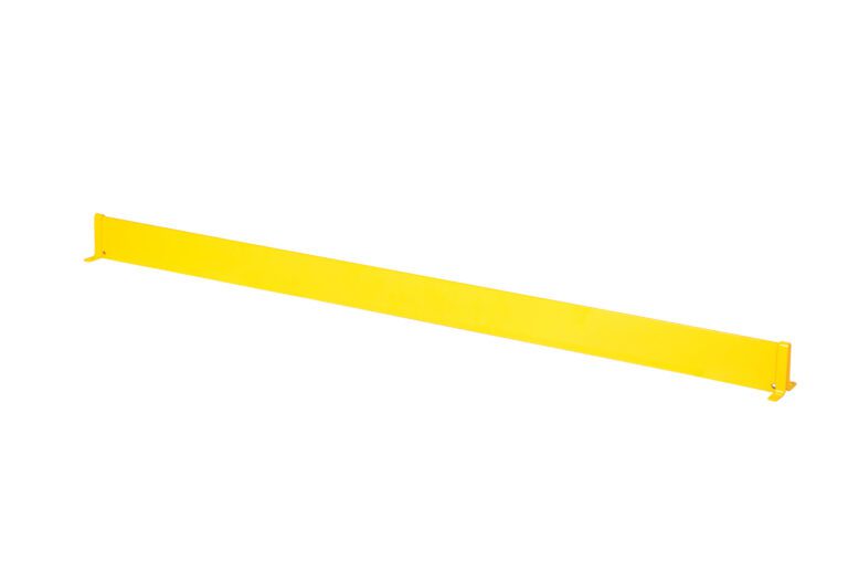 A yellow metal beam, reminiscent of a Vestil Square Safety Handrail-Toeboard Only 67 X 4, lies diagonally on a white background, with hooks on each end.