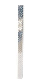 The Vestil Aluminum Treadplate Corner Guard 48 features a shiny surface with raised diamond patterns, providing sleek protection and aesthetics in a vertical stance against a plain white backdrop.