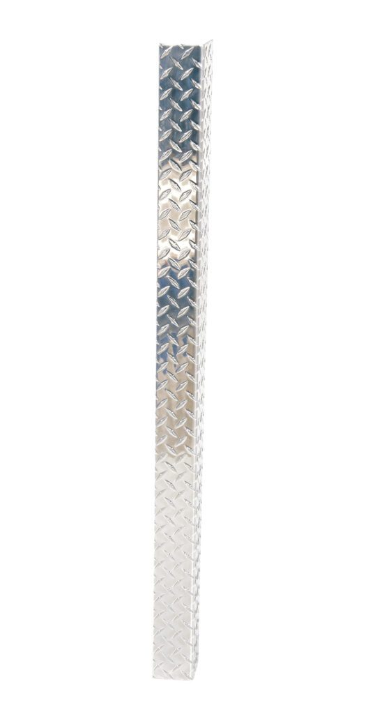 The Vestil Aluminum Treadplate Corner Guard 48 features a shiny surface with raised diamond patterns, providing sleek protection and aesthetics in a vertical stance against a plain white backdrop.