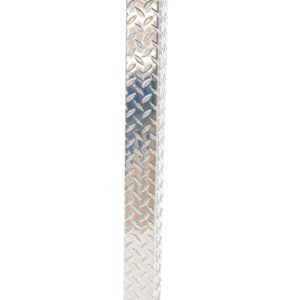The Vestil Aluminum Treadplate Corner Guard 48 features a shiny surface with raised diamond patterns, providing sleek protection and aesthetics in a vertical stance against a plain white backdrop.