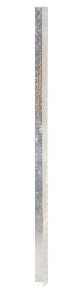 TPCG-60_A.jpg A reflective, textured metal strip with a chevron pattern stands vertically against a white background, echoing the sleek style and protection of the Vestil Aluminum Treadplate Corner Guard 60.