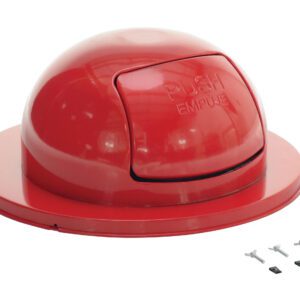 The Vestil Red Steel Waste Disposal Top For Drum includes a red dome-shaped circular lid with a swing door labeled PUSH and EMPUJE, and comes with three screws for easy assembly.