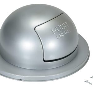 The Vestil Gray Steel Waste Disposal Top For Drum has a silver dome design with a “PUSH” and “EMPUJE” dual-language push flap. It includes four screws and four small black rectangular pieces.