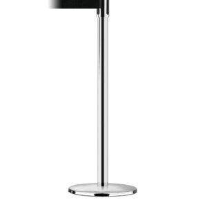 A single Vestil Tensabarrier - Indoor stanchion with a black retractable belt. It features a round, flat base for stability. Designed for indoor use, the belt extends leftward against a plain white background.