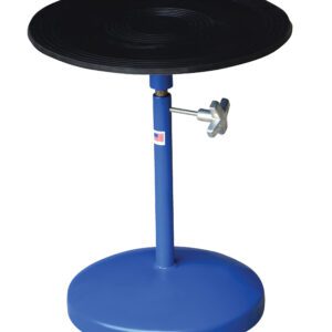 The Vestil Turntable 18 In Dia 21 To 32 In H 300 Lb features a blue finish with an 18-inch black platform. It adjusts from 21 to 32 inches in height using a silver knob on its round base, supports up to 300 lbs, and is ideal for pottery or modeling work.