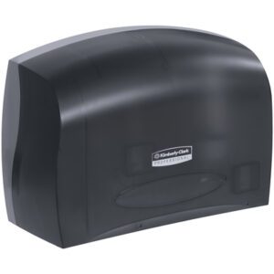 The Kimberly-Clark Professional paper towel dispenser in black, featuring a sleek, curved design, emulates the elegance of the Scott® Jumbo Coreless Bathroom Tissue Dispenser. It has a transparent window for easy supply checks and displays a front logo.