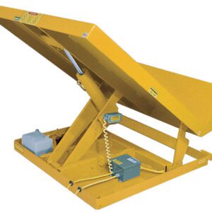 The Vestil Lift Table 4K 36X48 Yellow showcases a diagonal hydraulic scissor lift platform with a control box connected via cables and features an efficient 208V 3 Phase mechanism with a side-attached small tank.