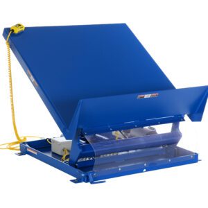 The Vestil Lift Table 2K 54X48 in blue features a yellow control box, runs on 208V 3 phase power, and is perfect for warehouses or factories with its sturdy base and clear bottom cover for efficiently tilting heavy loads.