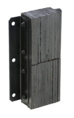 The Vestil Laminated Dock Bumper 20H X 11W X 4.5L features a black rubber build, a side metal mounting bracket, multiple horizontal rubber layers, and secure bolts.
