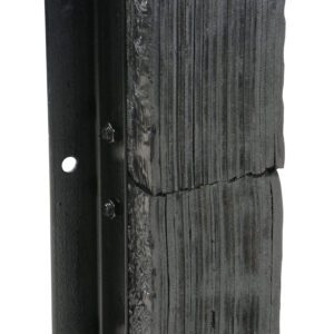 The Vestil Laminated Dock Bumper 24H X 11W X 6L consists of two stacked graphite blocks with a ribbed texture, secured to a metal bracket using bolts, and includes four circular mounting holes.