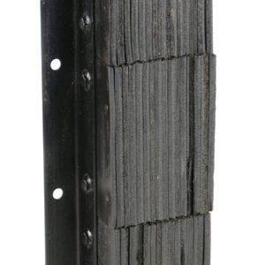 The Vestil Laminated Dock Bumper, measuring 36H x 11W x 6Hl, features a black hinge and two stacked rubber block sections designed for exceptional impact resistance and cushioning.