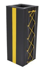 The Vestil Column Protective Pad Square 3Ft 4 In Bk is a rectangular, dark gray protective cover featuring a yellow stripe and crisscrossing yellow laces. Designed for columns, this pad combines durability with style to enhance safety.