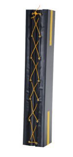 The Vestil Column Protective Pad Square 6Ft 5 In Bk is tall and rectangular with a black design featuring yellow, crisscrossed laces on the front. Yellow stripes adorn its sides against a white background, reminiscent of a sleek punching bag.