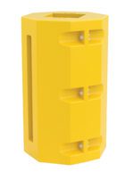 A yellow hexagonal plastic barrier with vertical side slits and front rectangular cutouts, similar to the Vestil Column Protector 10 In Square, features angular surfaces for secure installation and an open top for versatile use.