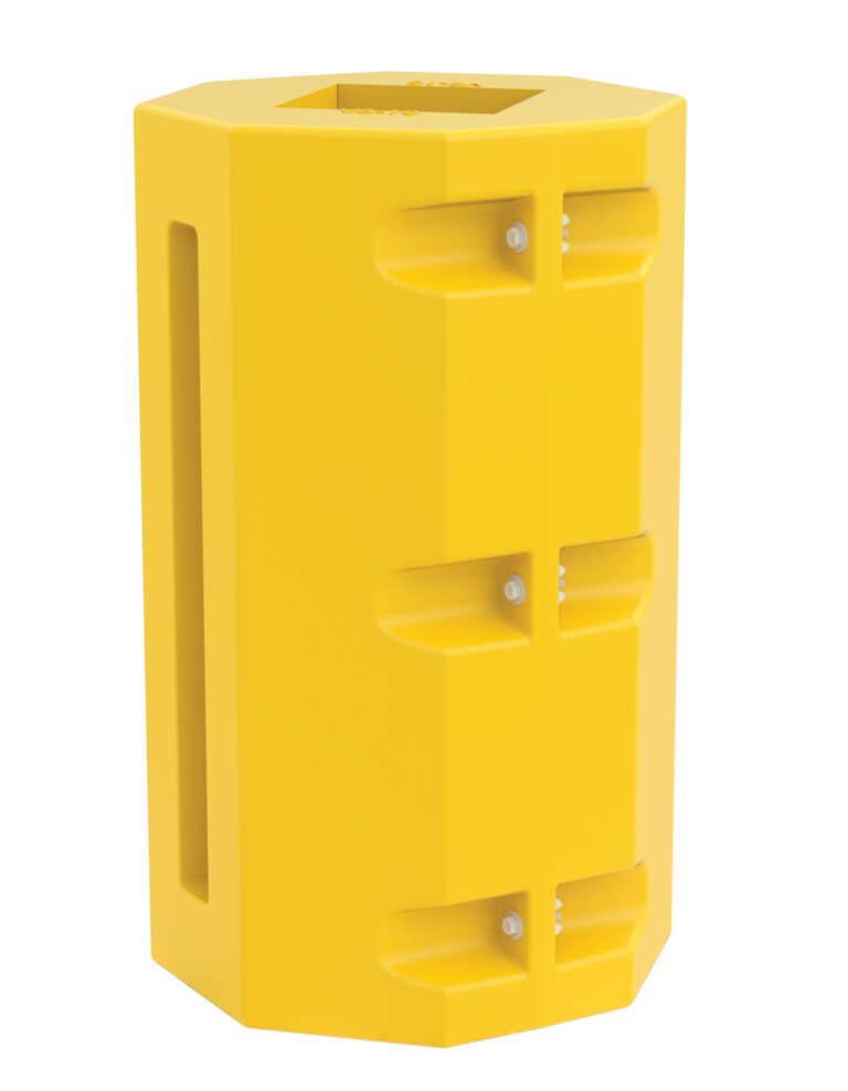 A yellow hexagonal plastic barrier with vertical side slits and front rectangular cutouts, similar to the Vestil Column Protector 10 In Square, features angular surfaces for secure installation and an open top for versatile use.