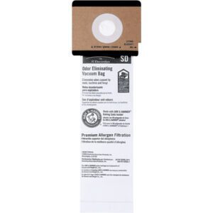 The image showcases Sanitaire Replacement Bags for the VCM160 Upright Vacuum, highlighting odor elimination and premium allergen filtration, with compatibility suggested for Electrolux models. Available in sets of 5 per case.